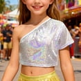 thumbnail image 2 of AWZXDE Girls Off Shoulder Cropped Tee Micro Print Casual Top For Dance And Party Wear Playful Cute Tops For Fashion Style Silverï¼140, 2 of 4