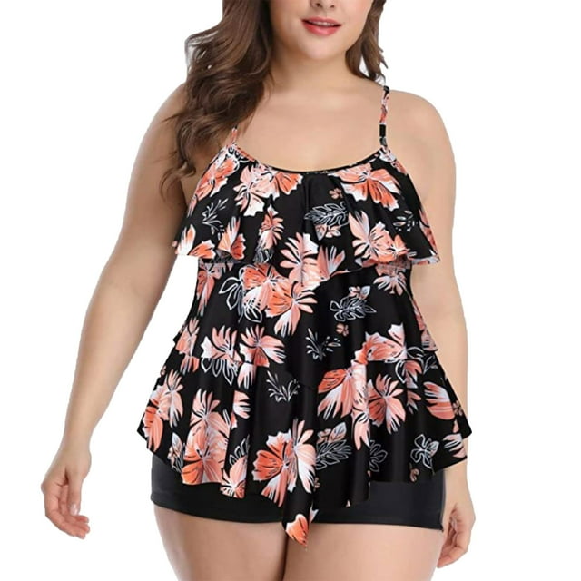 Women's Plus Size Swimsuits, Womens Tankini Swimsuits Ruffled Tank Top Oversized Floral Printed Modest Swimwear High Waisted Bikini with Shorts M-4XL Womens Swimsuits