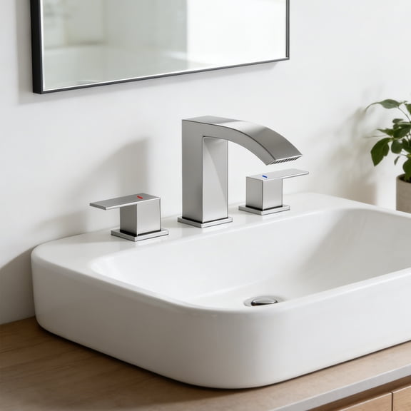 8 in. Widespread 2-Handle Bathroom Faucet, Brushed Nickel with Curved Waterfall Spout, Pop-Up Drain & 3-Hole Sink Installation