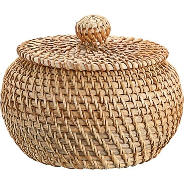Autumn Rattan Storage Box,Hand-Woven Storage Basket,Food Desktop Tray,Wicker Storage Baskets with Lids,Round Storage Bowls,for Home Kitchen Picnic Party