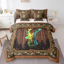 Homewish Reindeer Elk Print Bedding Comforter Set 7 Pieces, Rustic Wooden Plank Full Bedding Set, Jungle Leaf Plant Fitted Sheet Flat Sheet, Lightweight Room Decor