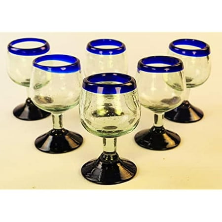 

Mexican Tequila Shot Glasses Cognac Snifter Blue Rim Design Hand Blown recyceld glass Set of 6
