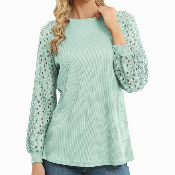 Tops de manga de encaje hueco,Blusa larga de cuello redondo con empalme de encaje hueco Camisa de manga larga hueca Eficiencia óptima