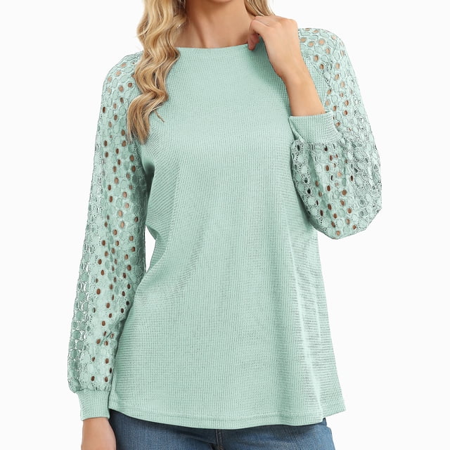 Blusas de manga de encaje hueco, blusa larga de color puro con empalme de encaje hueco, camisa de manga larga de encaje, innovación moderna