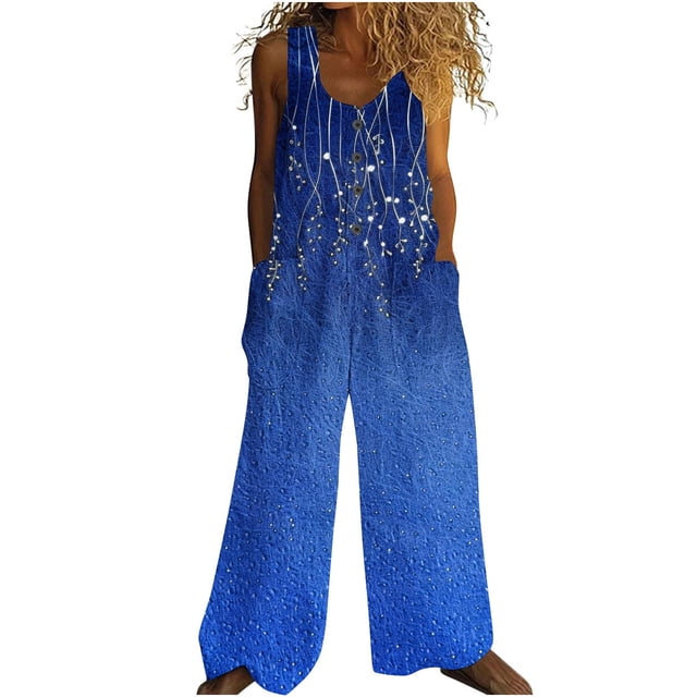 Combinaison Décontractée Sans Manches pour Femmes, Design Rétro Imprimé avec Poches à Boutons, Mélange Polyester Léger, Longueur Régulière, Bleu G