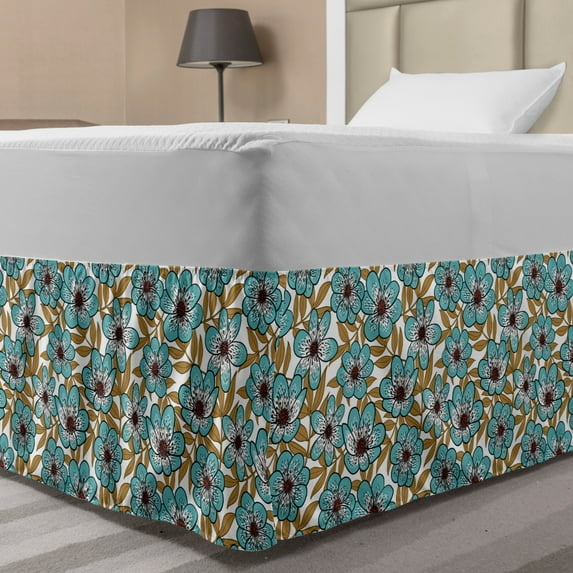 Floral Bed Skirt, Continuous Flowers Pattern Vintage Look Calm Tones Illustration, Elastic Bedskirt Dust Ruffle Wrap Around for Bedding Decor, 4 Sizes, Pale Teal Pale Brown, by Ambesonne