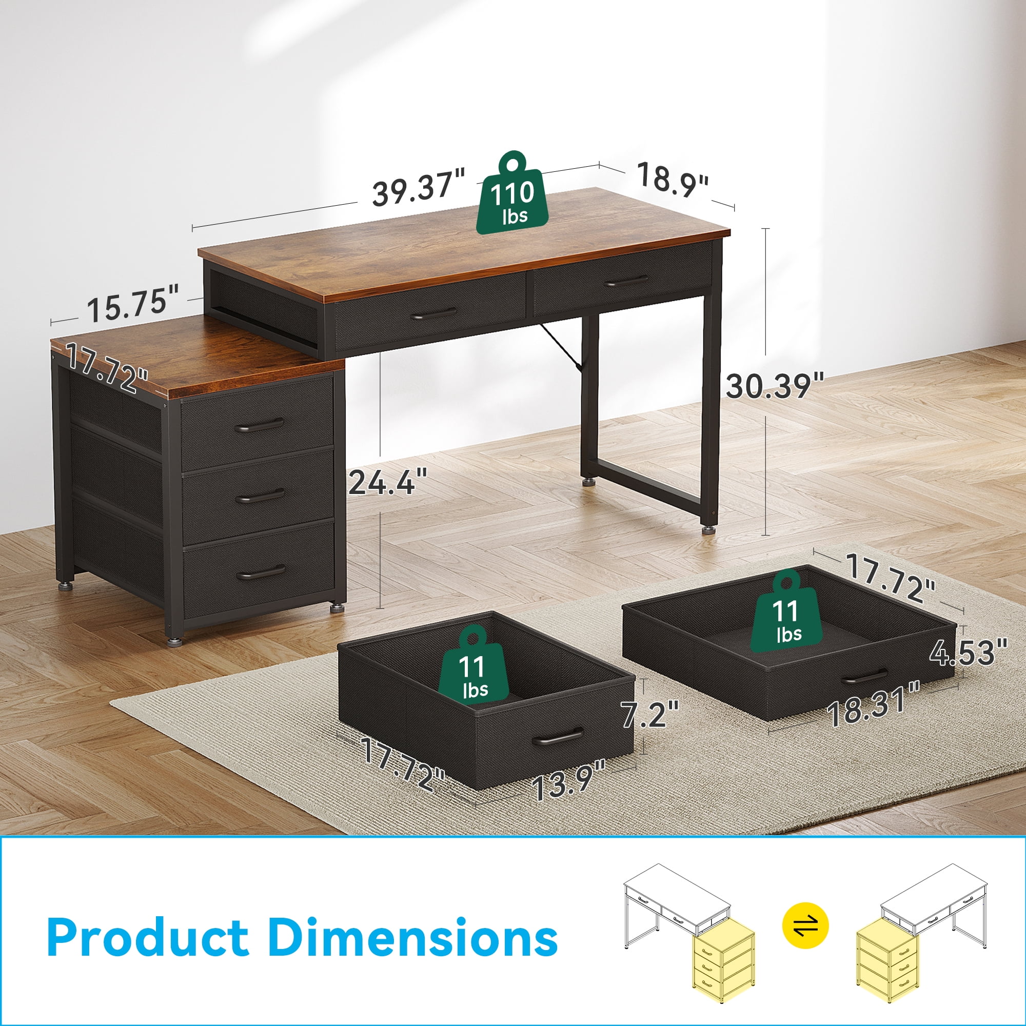 Casacomoda Computer Desk with 5 Drawers & Printer Stand, Reversible Storage Desk for Home Office, 53 Inch Writing Desk with Headphone Hook, Vintage