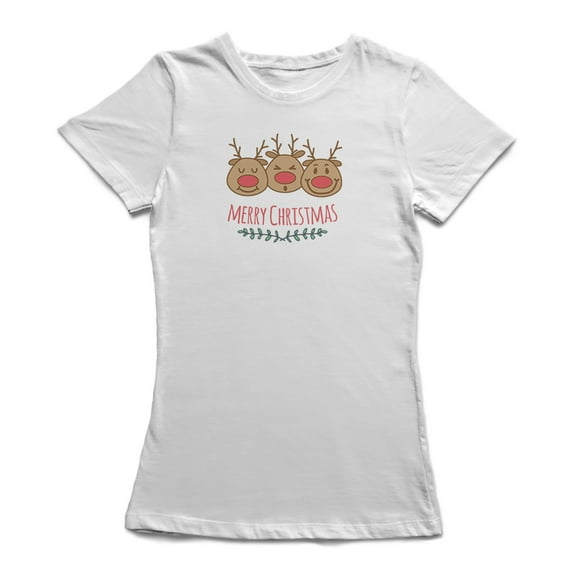 Merry Christmas Happy Reindeers Graphic Women White T-Shirt, Female Medium