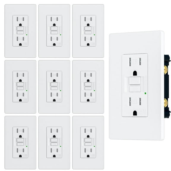 BRILLTECH 15 Amp Self-Test Slim GFCI Outlet Weather Resistant, Tamper-Resistant Receptacle with LED Indicator, Screwless Wallplate Included, UL Listed White (10PACK)