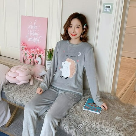 

DanceeMangoo Young Women Pajamas Warm Flannel Women Long-sleeved Autumn Winter Pyjama Loose Homewear Set Coral Fleece Sleepwear Top+ Pants