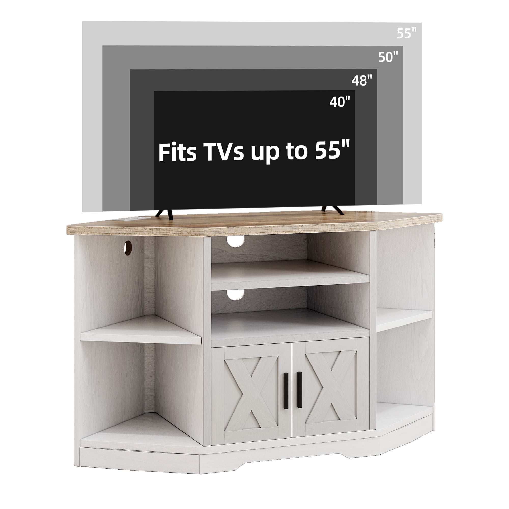 Uforic Farmhouse Corner TV Stand, 55', Power Outlet, Wood Entertainment Center, Storage, White