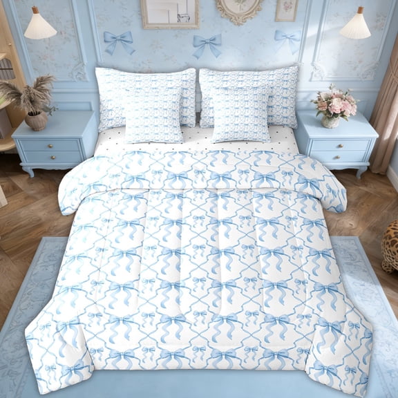 Bow Bedding Sets,Blue Watercolor Bowknot Twin Comforter Set 7 Piece Geometric Check Cute Bow Bed In A Bag,Blue White Bow Bedding Comforter Sets