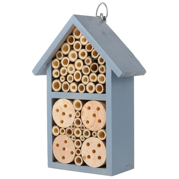 Supvox Blue Wooden Bee Cabin with Iron Hooks for Garden Decor and Bee Hibernation