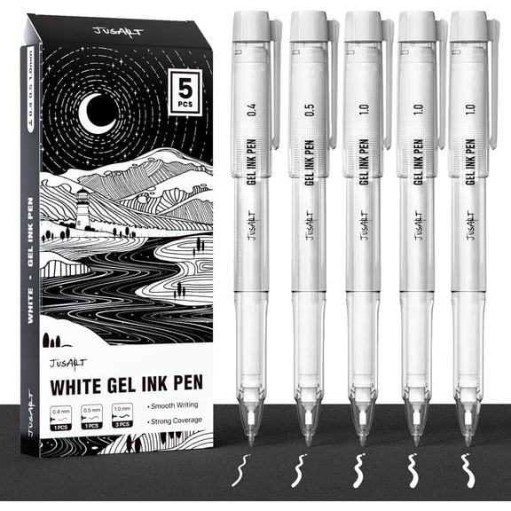 JusArt White Gel Pens with 0.4mm, 0.5mm & 1.0mm Assorted Tips, Opaque White Ink Pens for Black Paper, Drawing, Journaling & DIY Crafts, Ideal Drawing Pens for Artists & Art Supplies, 5 Pack