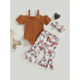 thumbnail image 4 of Bagilaanoe 3pcs Toddler Baby Girl Long Pants Set Short Sleeve Romper Tops + Flower Print Flare Trousers + Headband 6M 12M 18M 24M 3T Kids Casual Outfits, 4 of 9