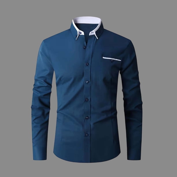 Ceisia Contrast Panel Stand Collar Shirt Men's Slim Fit Long Sleeve Casual Button-Down Top with Pocket Blue L Gifts