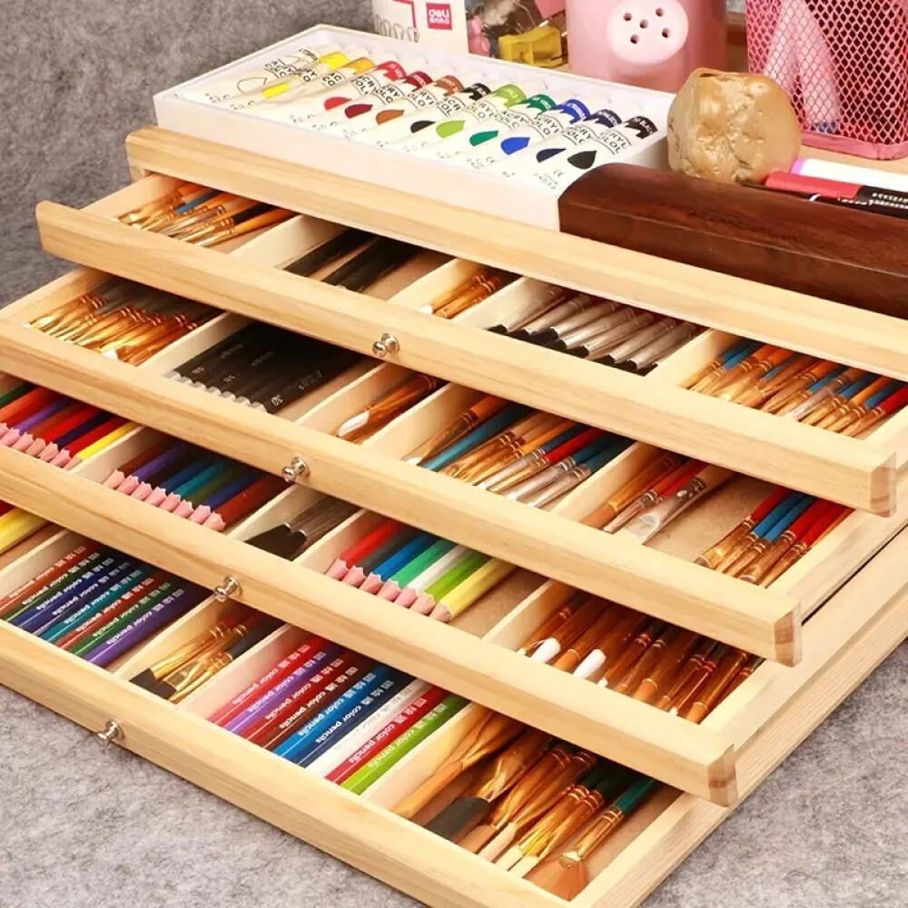 4/6-Tier Wooden Art Supply Organizer with Drawers – Multi-Compartment Storage Box for Pencils, Markers, Brushes & Tools – Portable Craft Caddy – Desk & Drawer Organizer