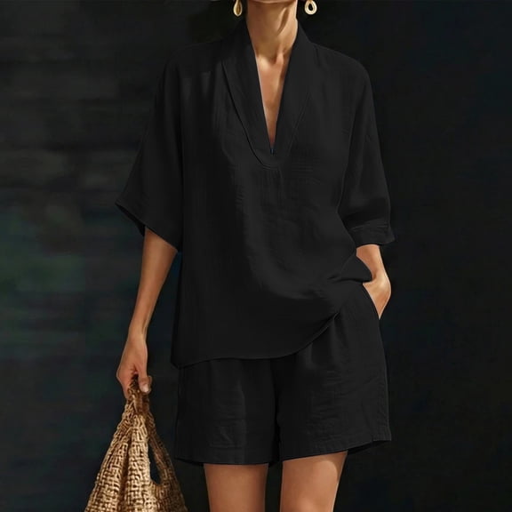 Women's Solid Color Short Sleeved Shirt And Shorts Solid Color V-Neck Linen Set