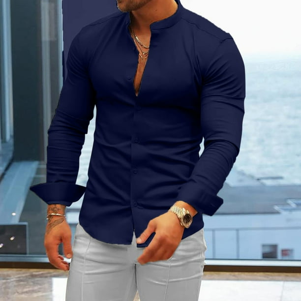 Camisas Hombre Vestir Camisas de vestir para hombre Camisa con botones casual de manga larga y manga corta con cuello entallado Navy XXL Walmart en linea
