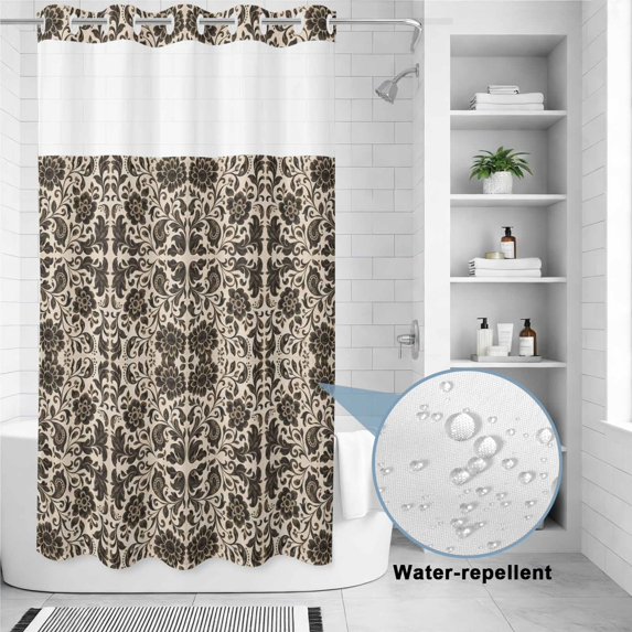 No Hook Shower Curtain, Boho Botanical Shower Curtains for Bathroom with See Through Top Window, Ethnic Vintage Detailed Foliage Waterproof & Washable Bath Curtain Stand Up Stall 36"x72"