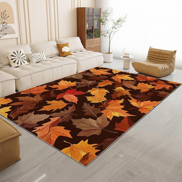 Area Rug Plants Autumn Leaves 5 x 8 ft Orange Brown, Low-Pile Machine Washable Area Rugs with Non-Slip TPR Backing, Rug Carpet for High Traffic Living Room Bedroom Dining