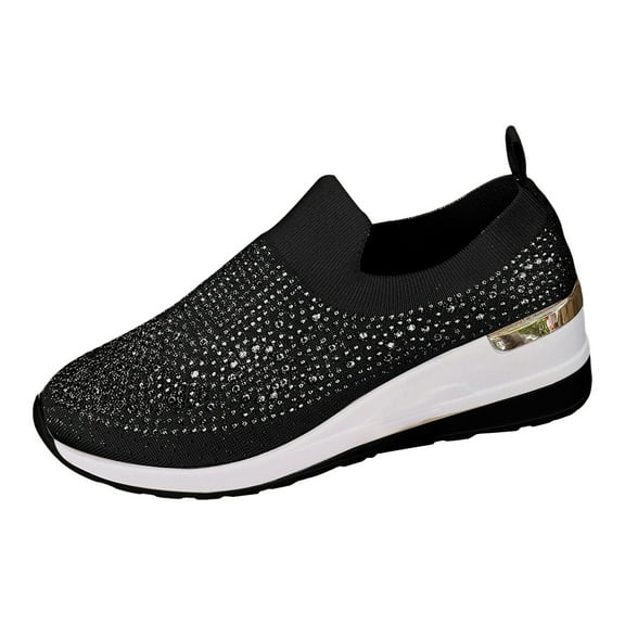YLYL Women Platform Sneakers Glitter Rhinestone Slip-On Breathable Wedge Shoes