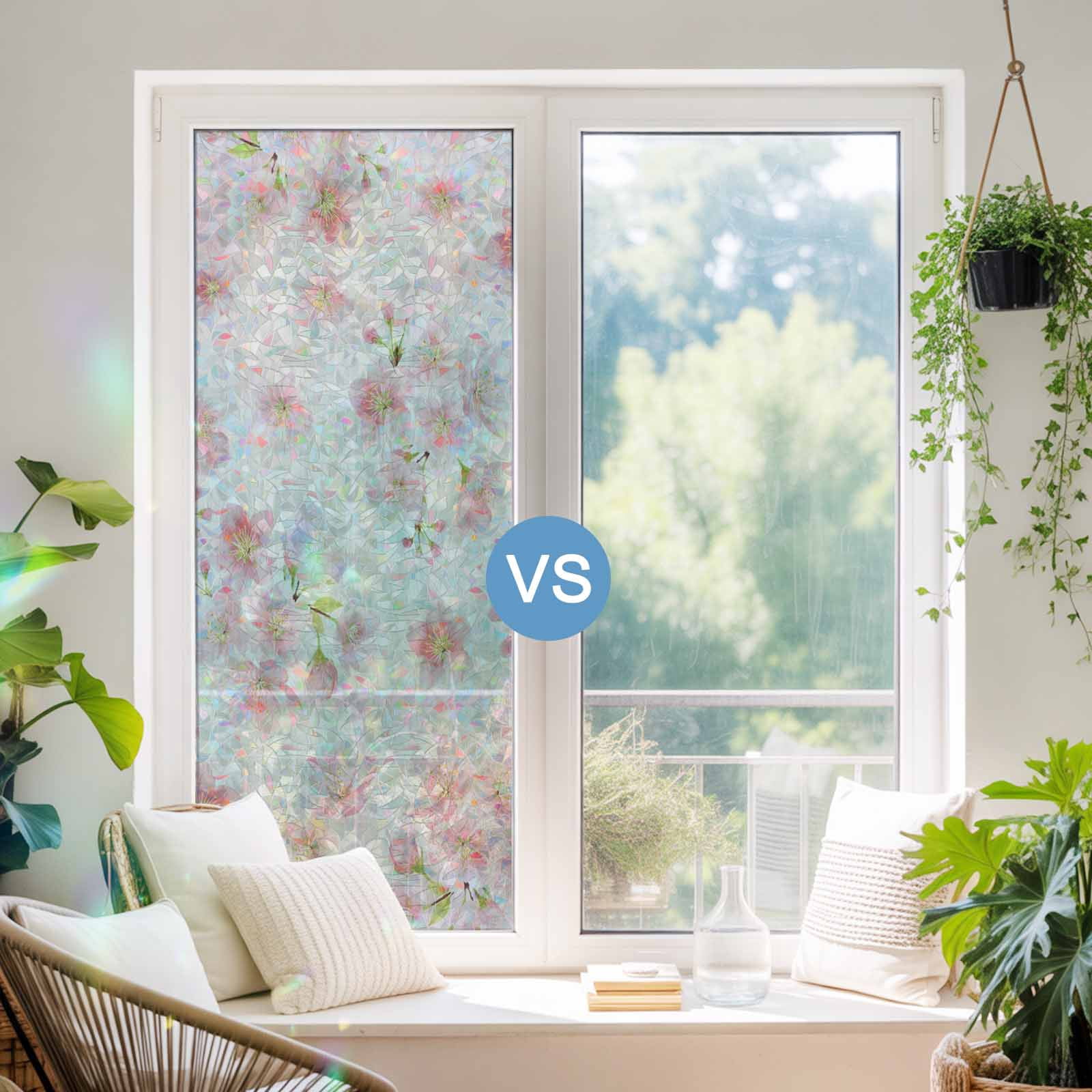 Pink Floral Window Privacy Film Stain Glass,Reusable Decorative Rainbow Window Film,Modern Farmhouse Aesthetic Shabby Chic Flower Static Cling Sun Blocking Stickers Decals Covers 23.6" x 59" (2pcs)