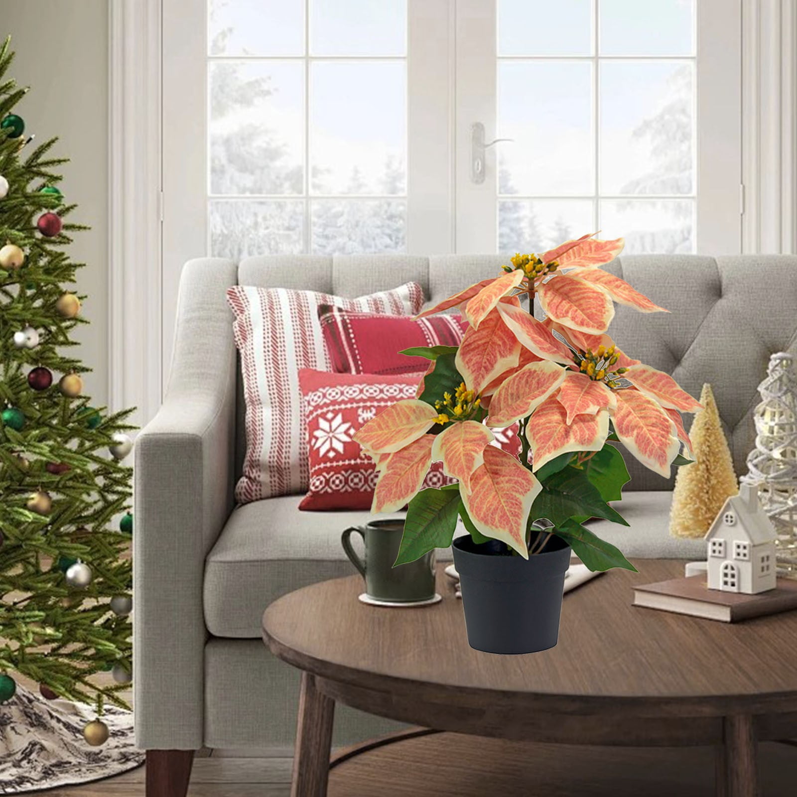 Mini Poinsettias Artificial Plants with Pot, 12.6" Faux Small Christmas Flowers in Pot for Home Office Tabletop Indoor Christmas Decorations