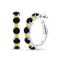 Gem Stone King 925 Sterling Silver Black Onyx and Yellow Created Sapphire Hoop Earrings for Women (2.60 Cttw, Round 4MM and 1.9MM, Gemstone Birthstone 1 inch Diameter)