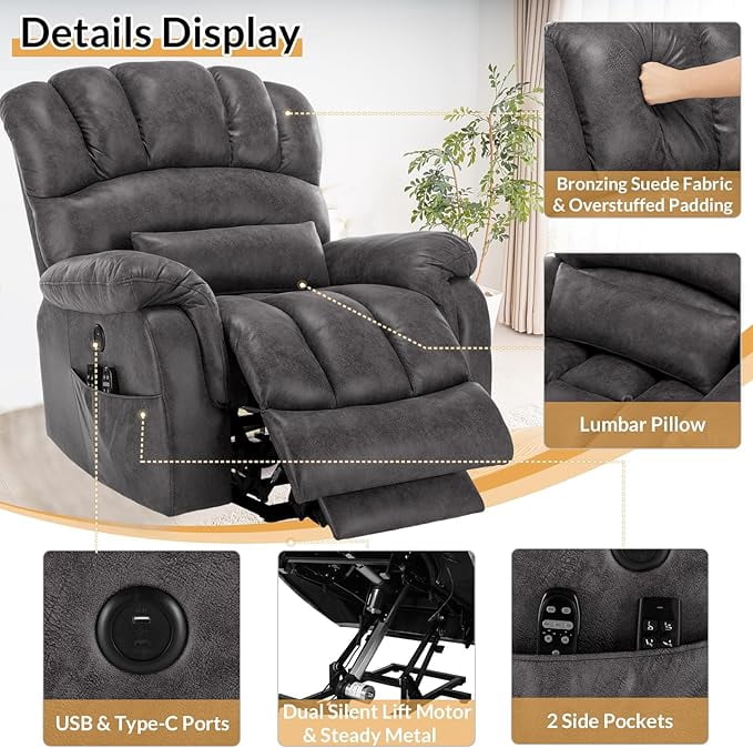 Tall Man Oversized Dual Motor Power Lift Recliner w/Heat Massage, Large Lay Flat Sleeper Electric Recliner with Extended Footrest for Elderly, Lumbar Pillow, USB & Type-C Ports, Gray