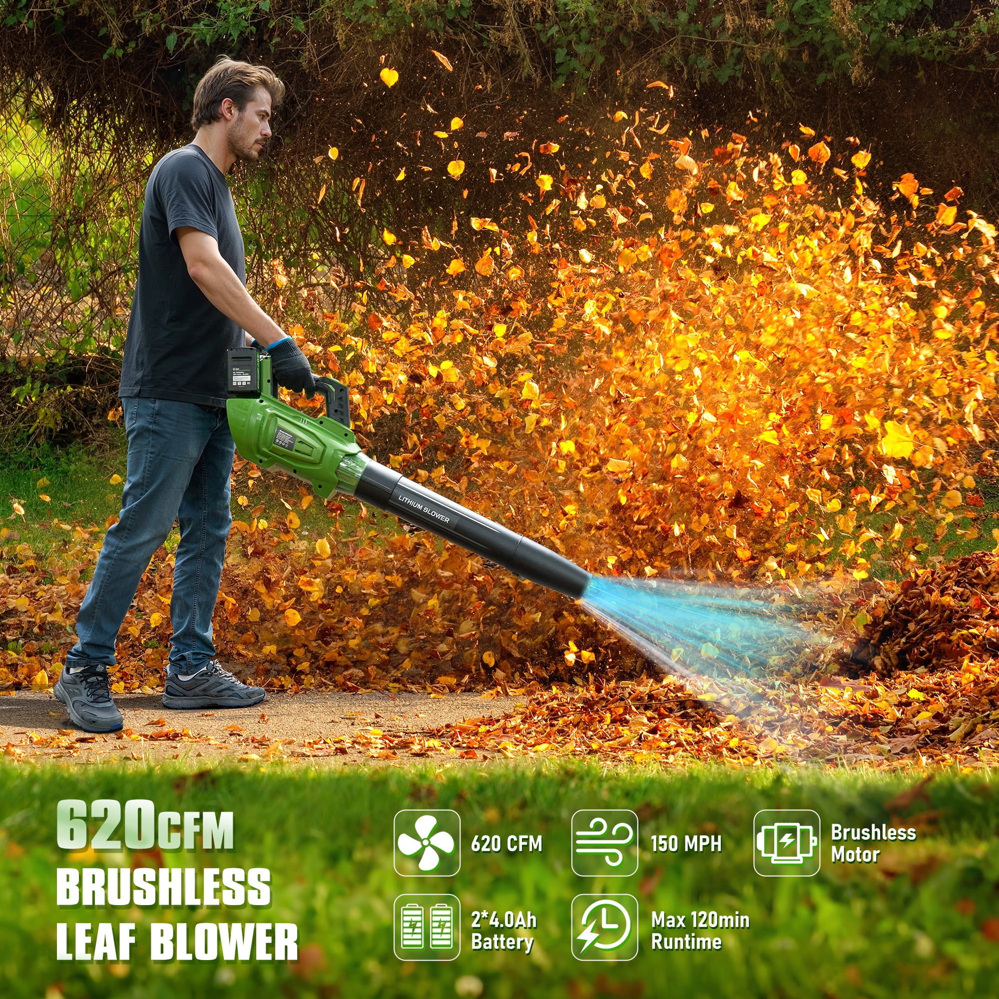 GASKY 40V Leaf Blower with 2 X 4.0Ah Batteries & Charger, 620CFM/ 150MPH Brushless Electric Cordless Leaf Blower for Garden/Dust/Snow/Yard Clean, Lightweight