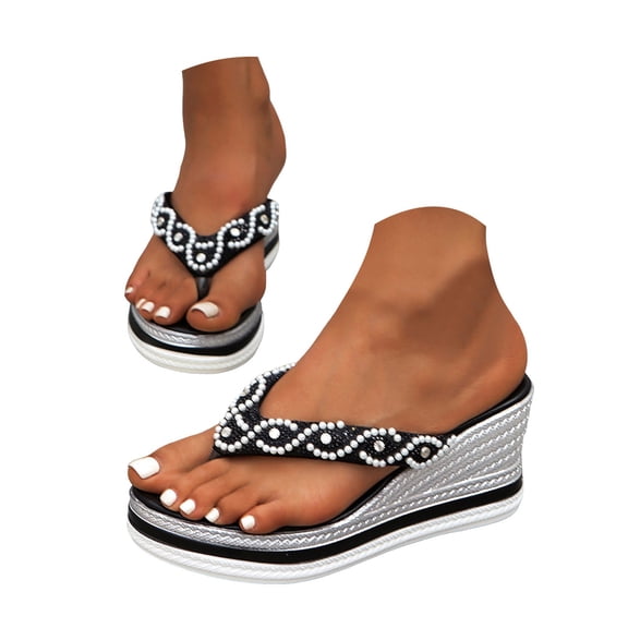 Mepaouo Women's Platform Flip Flop Arch Support Wedge Summer Thong Sandals Rhinestone Slide Slippers
