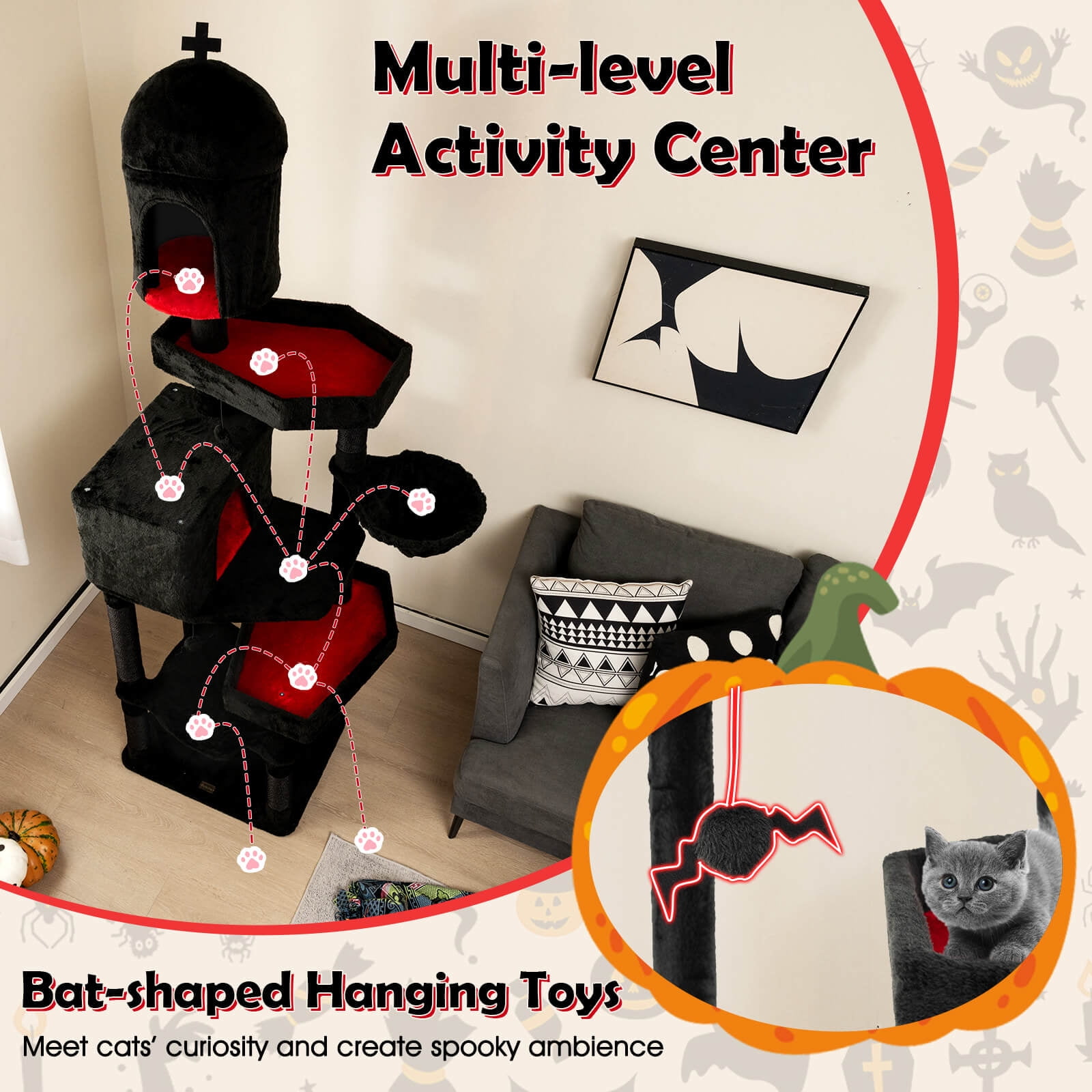 Infans Gothic Cat Tree for Indoor Cats Extra Large Cat Tower w/2 Cat Condos Coffin Bed