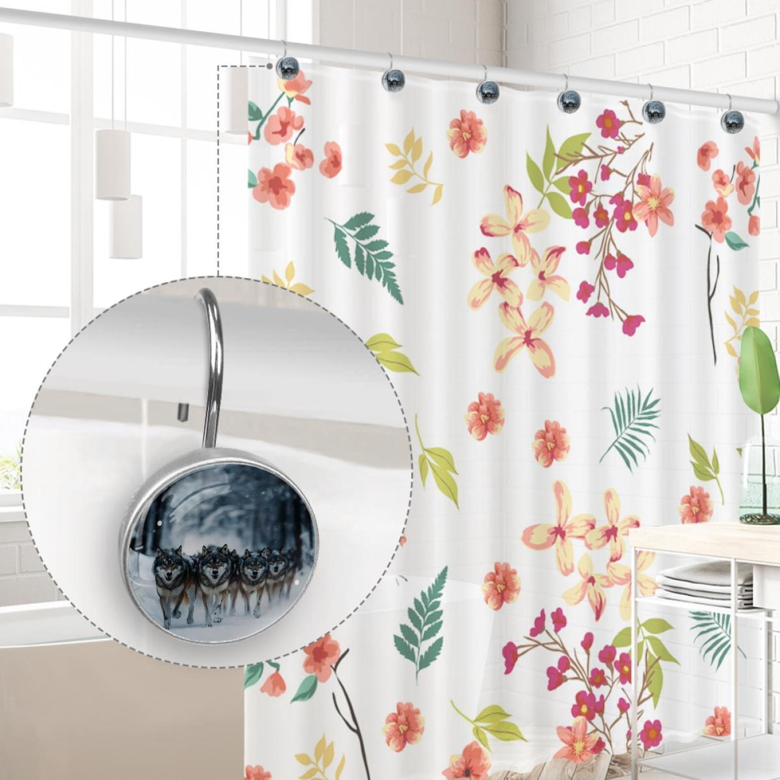 Wolf on Snow Forest Shower Curtain Hooks Round Crystal Glass, Set of 12 Shower Curtain Rings - Shower Hooks for Curtain Shower Rings