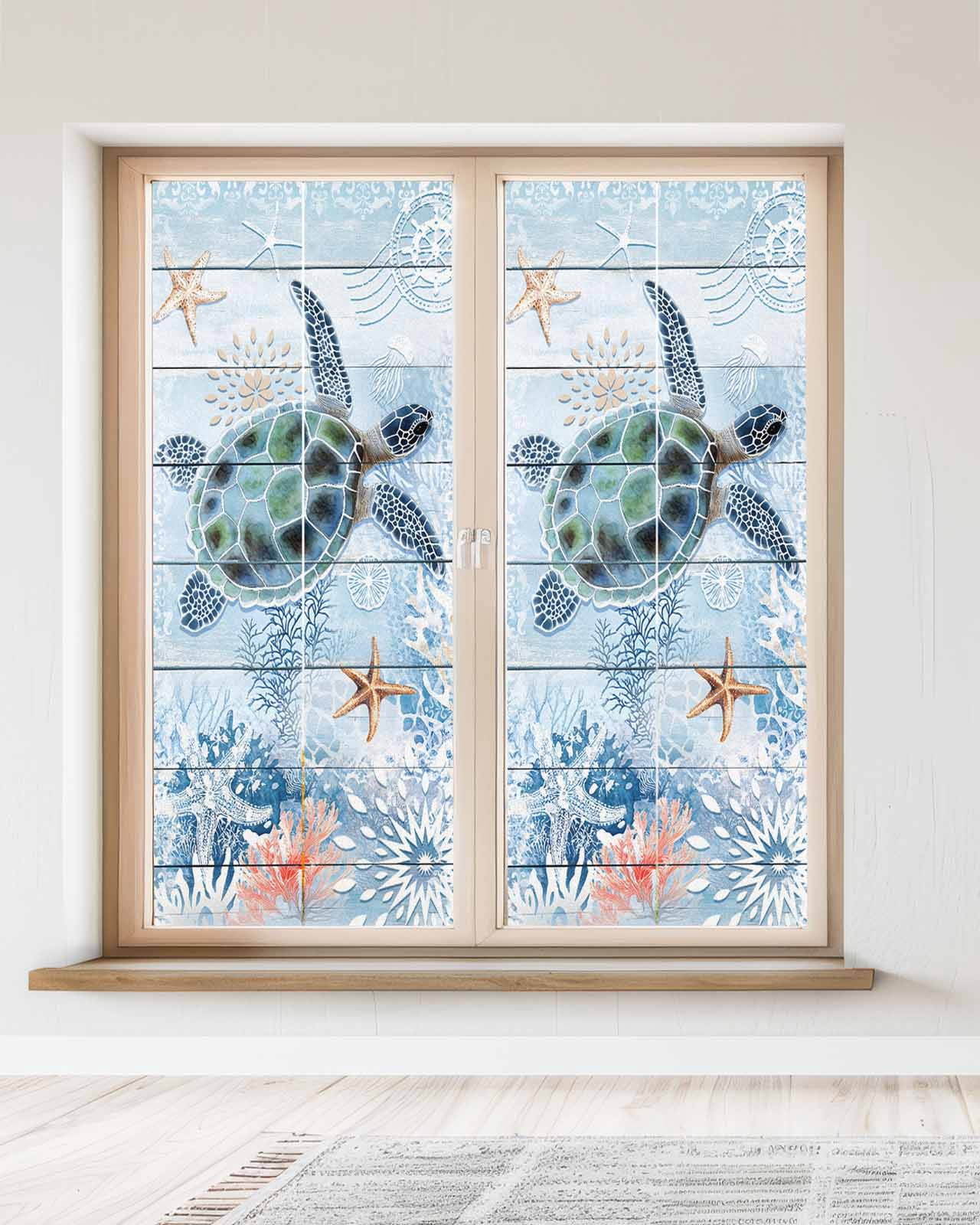 Window Privacy Film Coastal Ocean Turtle Stained Glass Window Film Decorative Sun Block Window Cover Nautical Starfish Coral Wooden Grain Window Clings Static Adhesive Sticker for Bathroom 23.6"x59"
