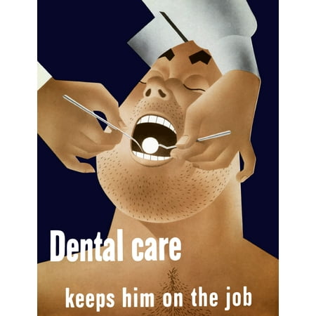 Vintage WW2 poster of a cartoon sailor having his teeth inspected It reads Dental Care keeps him on the job Poster