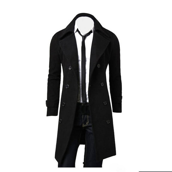 XFLWAM Mens Trench Coat Slim Fit Double Breasted Long Jacket Notched Lapel Fall Winter Windproof Coat Overcoat Black XL