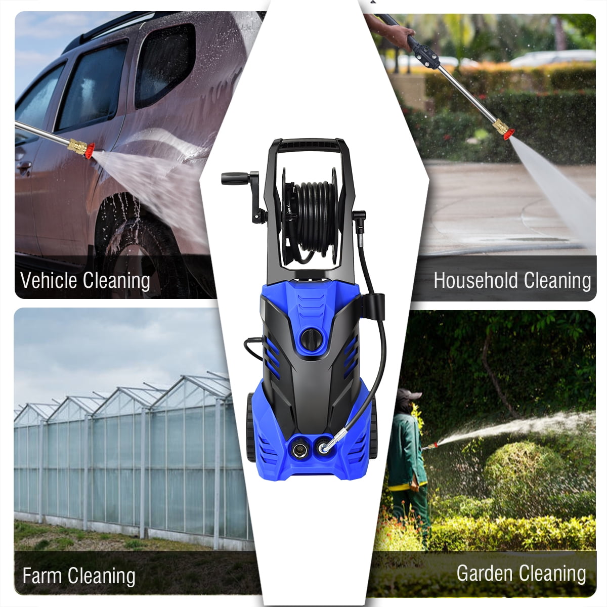 Giantex 3000PSI Electric Pressure Washer, Portable High Power Washer w/ 5 Nozzles, Hose Reel, Soap Bottle, 2 GPM 2000W (Blue)