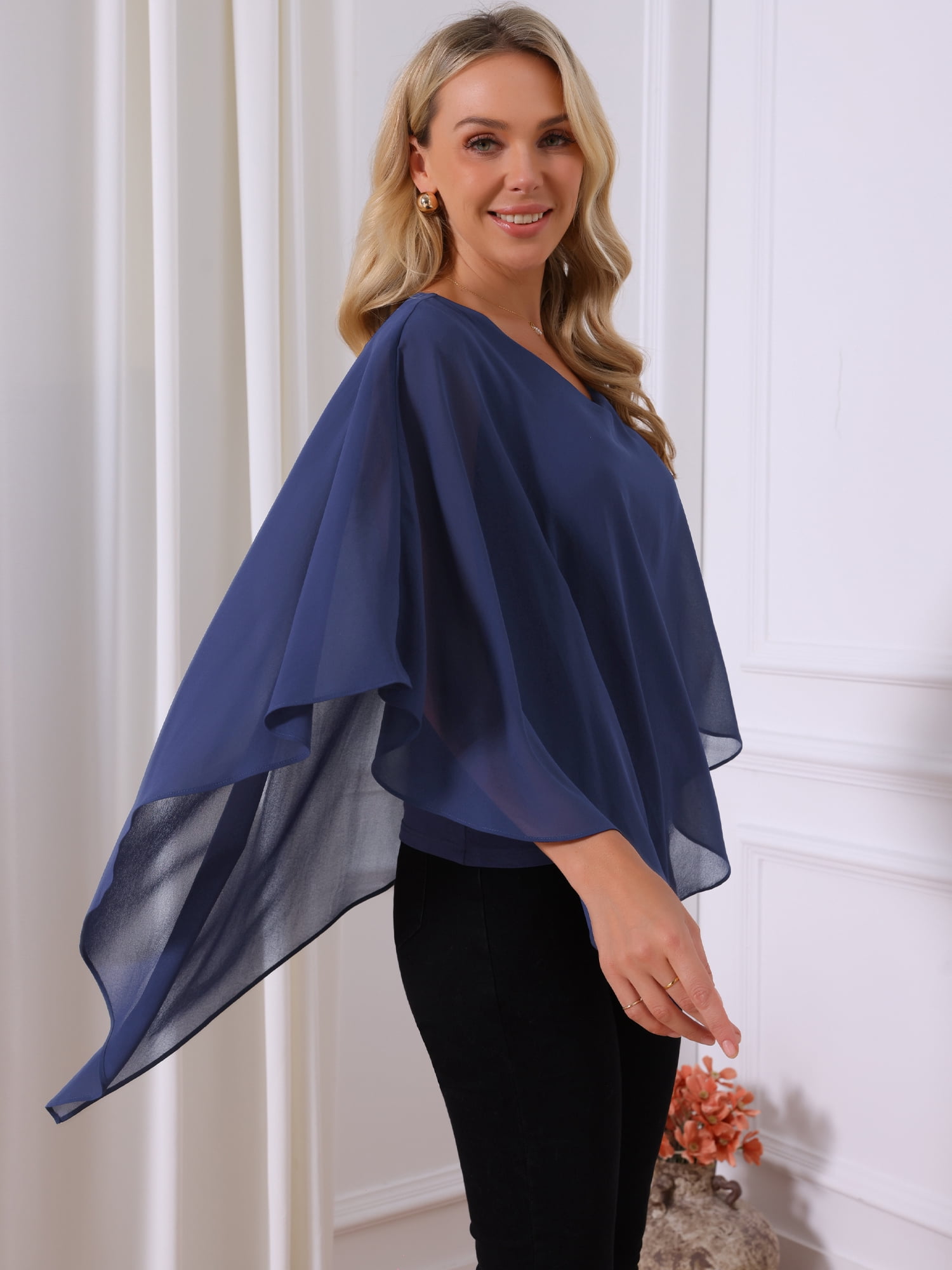 DARING DIVA Women's Flowy V Neck Chiffon Blouse Asymmetrical Top M Dark Blue
