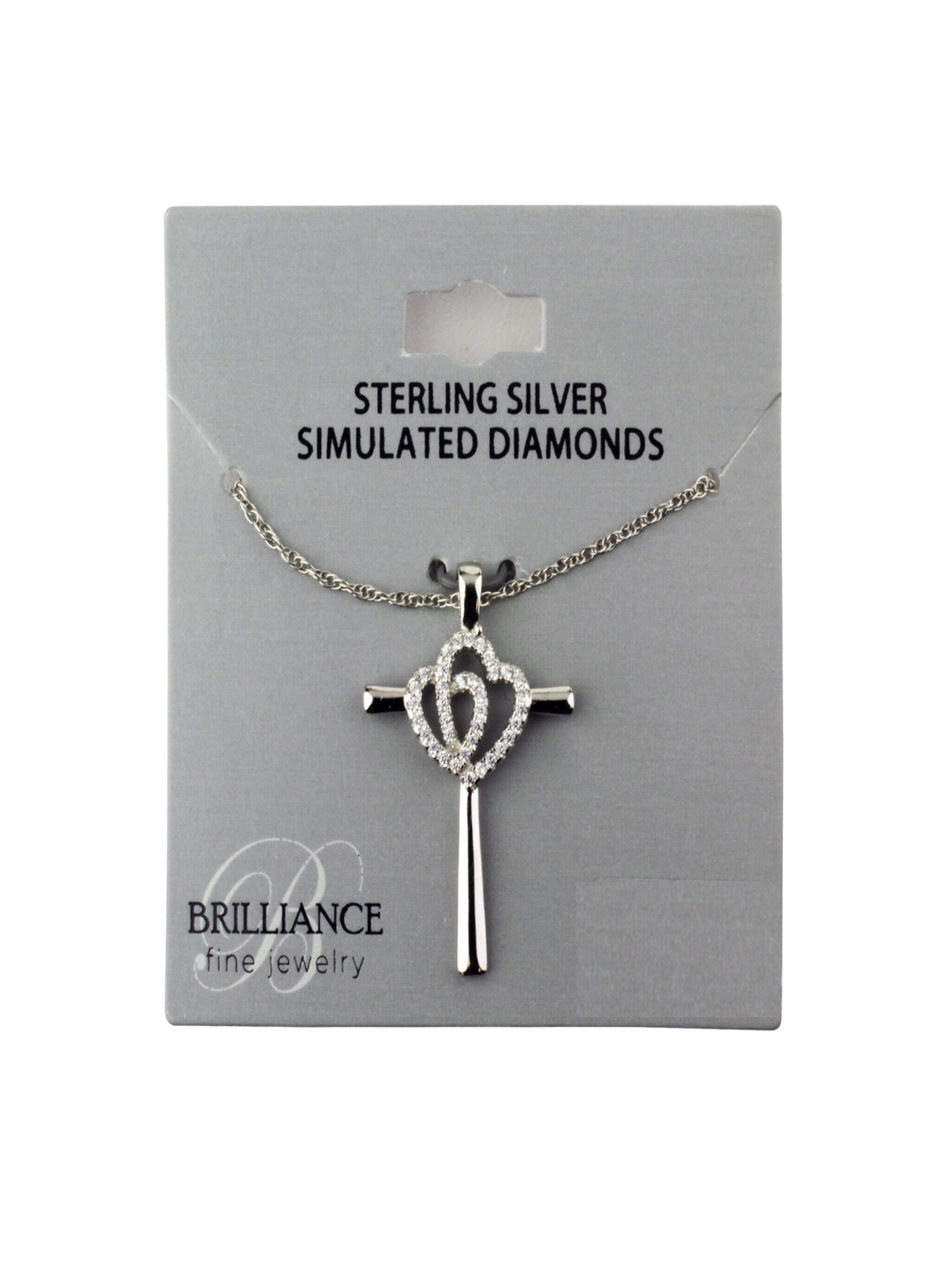 Brilliance Fine Jewelry Simulated Diamond Adult Ladies Cross Pendant with Heart in Sterling Silver