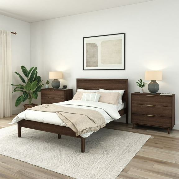 Plank Beam Duo Solid Wood Queen Bed Frame with Panel Headboard , No Box Spring Needed, Walnut