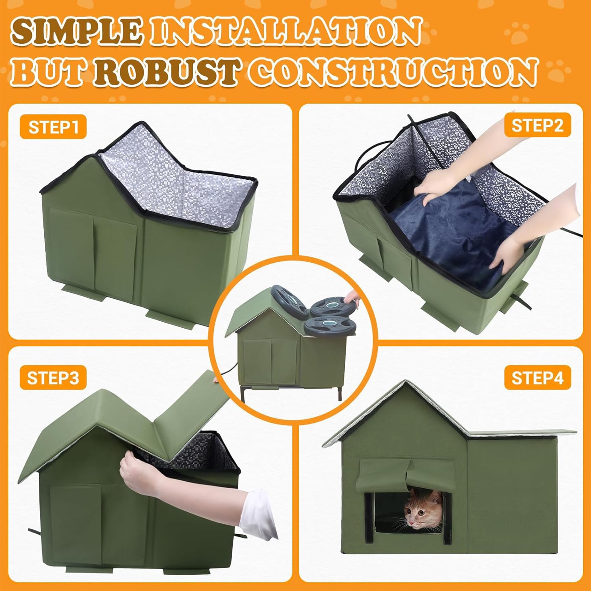 Heated Outdoor Cat House Weatherproof with Heating Pad, Heated Cats House for Outside, Insulated Feral Cat Houses for Outdoor Cats with Safe Escape Door, Elevated Outside Stray Cats Shelter