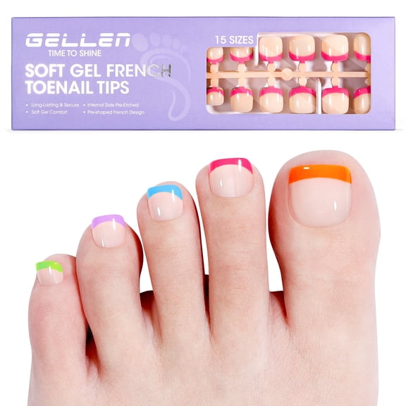 Gellen Soft Gel French Toenail Tips, 15 Sizes Full Cover Press On Toenails, 150pcs Neon Rainbow Short Square Fake Toe Nails with Pre-Shaped Bright Colored French Tips