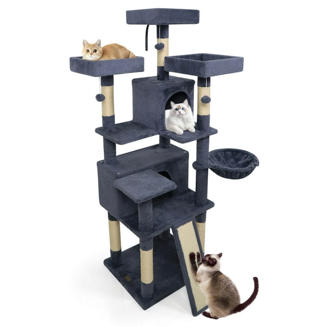 Costway 65" Tall Multi-level Cat Tree with 3 Upholstered Top Perch 2 Cat Condos Cat Basket Dark Gray