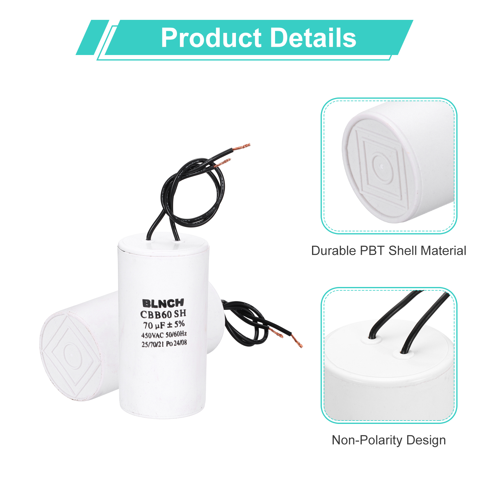 Uxcell CBB60 Running Capacitor, 70uF 450V 2 Wire Electric Air Compressor Motor Run Starting Capacitor for Washing Machine, Refrigerator, Air Conditioner, White