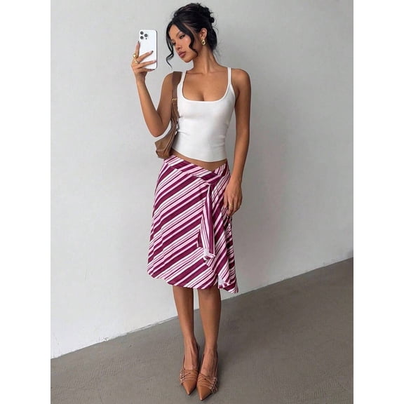 Multicolor Striped Asymmetrical Wrap Knee-Length Skirt For Women, Elegant Bodycon Flared Design