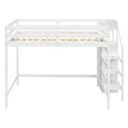 Euroco Modern Wood Full Size Loft Bed with Storage Wardrobe and Shelves for Kids Teens, White