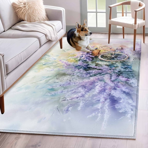 Purple Lavender Area Rug 3x5 Washable Rug Non Slip Spring Flower Pastoral Bike Rustic Large Area Rug Indoor Floor Carpet for Entryway Bedroom Kitchen Living Room Home Office Dining Room Nursery