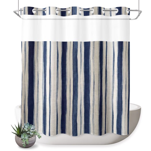 No Hook Shower Curtain, Navy Blue Striped Shower Curtains for Bathroom with See Through Top Window, Modern Vintage Stripes Farmhouse Waterproof & Washable Bath Curtain Long 72"x78"