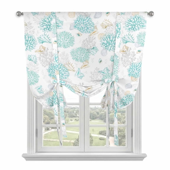 Turquoise Coastal Tie Up Curtains for Window, Thermal Insulated Balloon Shade Adjustable Rod Pocket Curtains Valance Panels for Kitchen Bathroom Cafe 34 x 45 Summer Beach Ocean Coral Conch Shell